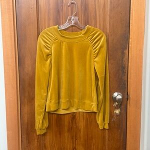 Anthropologie Mustard Yellow Women's Velour Sweatshirt Top (S) gathered shoulder